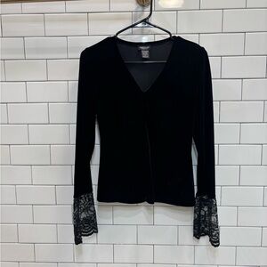 Vintage Black Velvet Top with Lace Sleeves